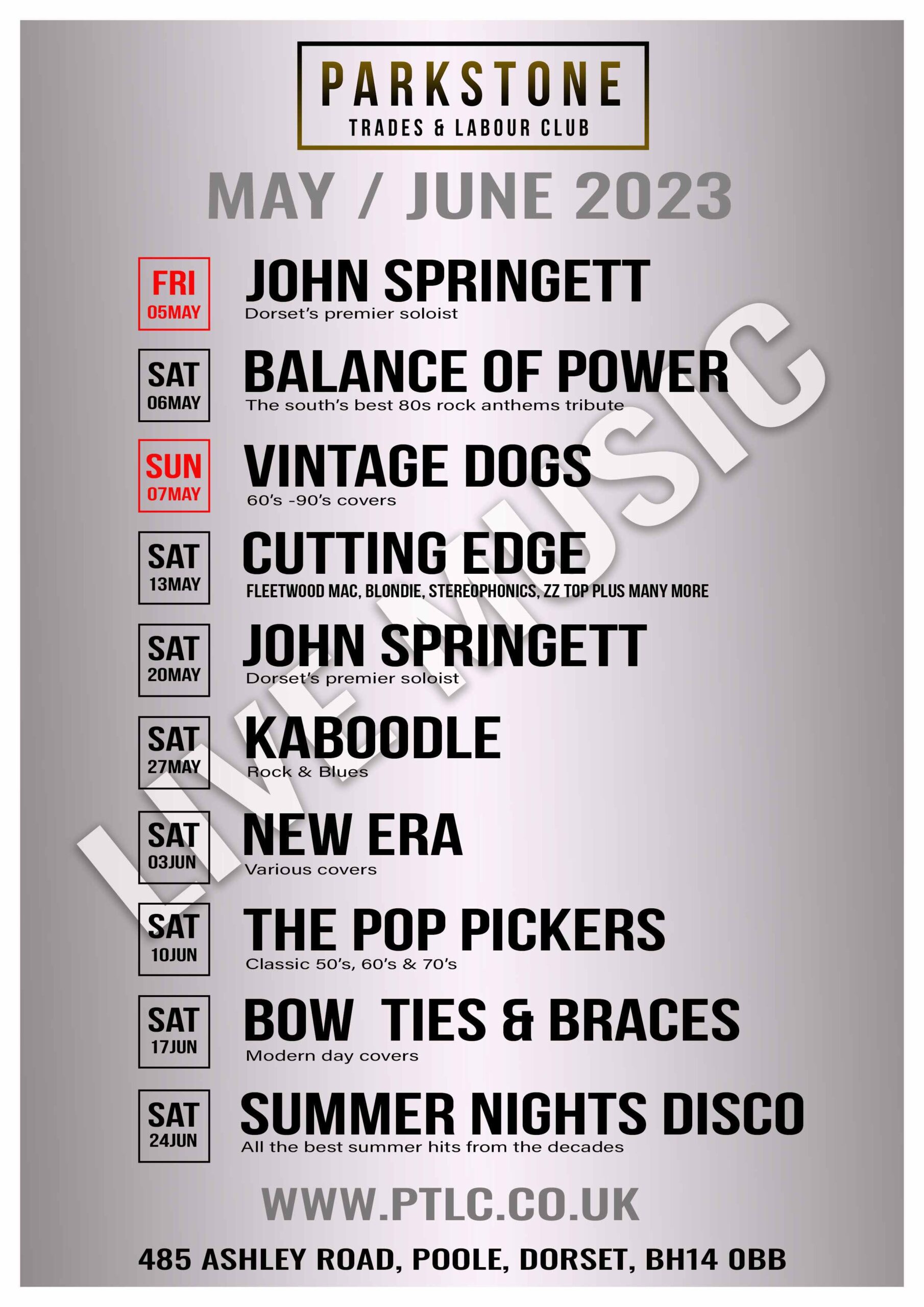 ENTERTAINMENT CALENDAR PARKSTONE TRADES & LABOUR CLUB